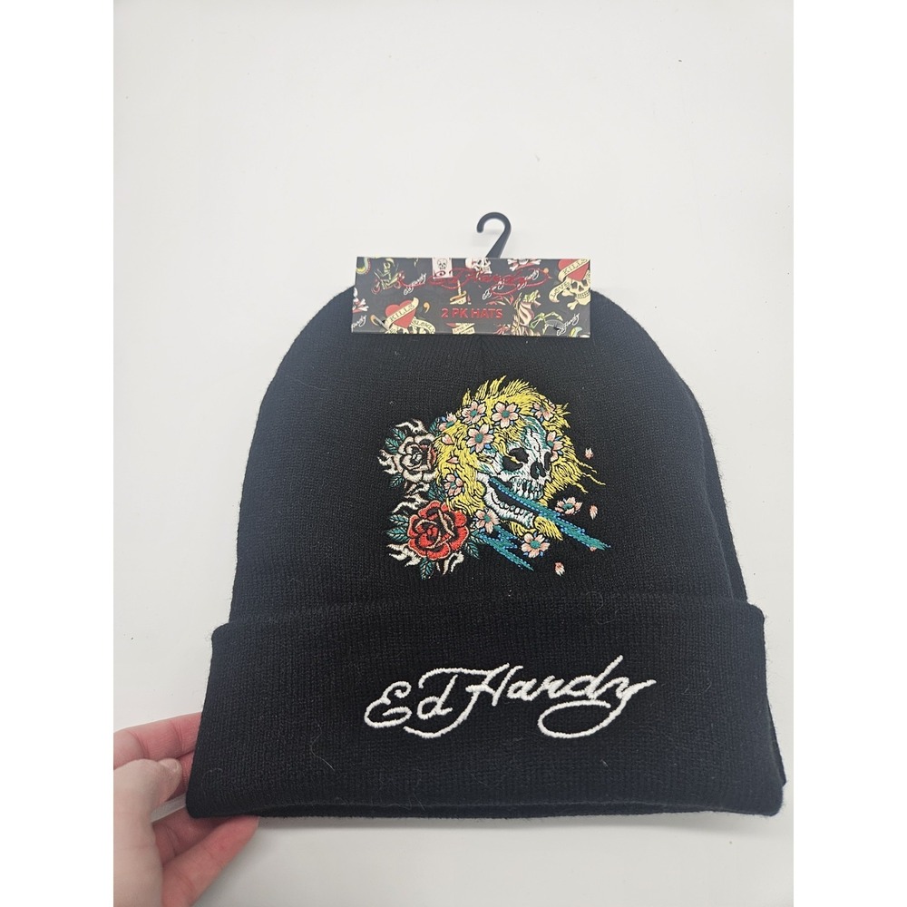 Ed Hardy 2-Pack Knit Stretch Beanie Hat, Skull & Tiger, Black, One Size, NWT